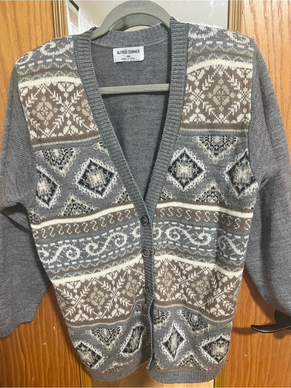 Alfred Dunner Gray and Brown Fair Isle Cardigan Sweater